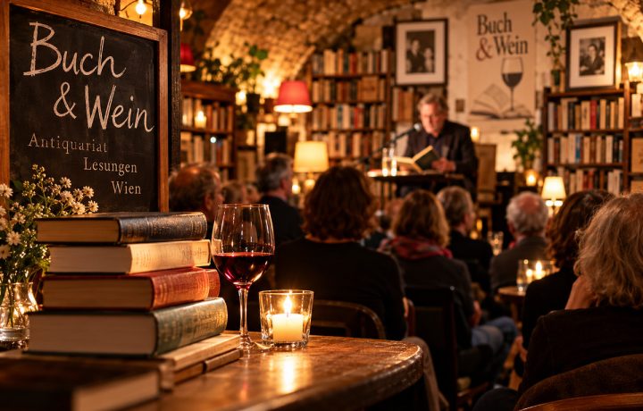 Symbolbild einer Autorenlesung im Wiener Antiquariat mit Bücherregalen, Wein und Publikum – Rückblick auf Buch & Wein in Wien.
