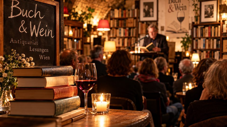 Symbolbild einer Autorenlesung im Wiener Antiquariat mit Bücherregalen, Wein und Publikum – Rückblick auf Buch & Wein in Wien.