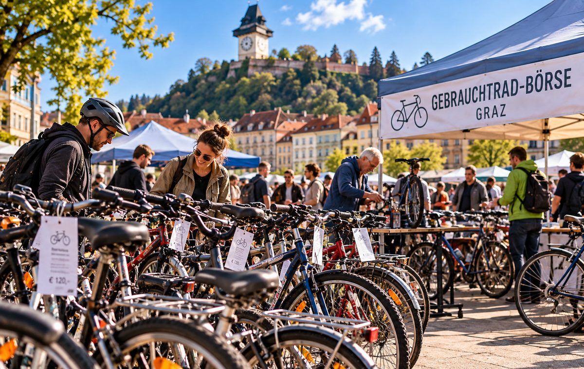 Bildbeschreibung: Redaktionelle Visualisierung einer Fahrrad-Gebrauchtbörse in Graz. Unterschiedliche Fahrräder, Kaufinteressierte und der Grazer Schlossberg veranschaulichen das Thema der historischen BICYCLE-Gebrauchtradbörse und der aktuellen AK-Radbörsen. Wichtiger Bildhinweis: Das Bild wurde mit künstlicher Intelligenz erstellt. Es zeigt keine authentische Aufnahme einer BICYCLE- oder AK-Radbörse. Personen, Verkaufsstände, Beschilderungen und die konkrete Veranstaltungsszene sind fiktiv.