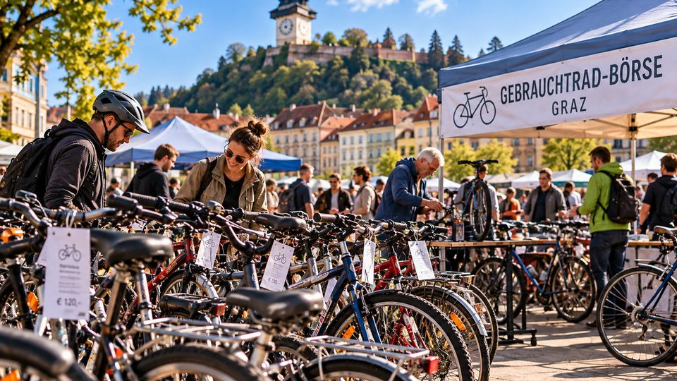 Bildbeschreibung: Redaktionelle Visualisierung einer Fahrrad-Gebrauchtbörse in Graz. Unterschiedliche Fahrräder, Kaufinteressierte und der Grazer Schlossberg veranschaulichen das Thema der historischen BICYCLE-Gebrauchtradbörse und der aktuellen AK-Radbörsen. Wichtiger Bildhinweis: Das Bild wurde mit künstlicher Intelligenz erstellt. Es zeigt keine authentische Aufnahme einer BICYCLE- oder AK-Radbörse. Personen, Verkaufsstände, Beschilderungen und die konkrete Veranstaltungsszene sind fiktiv.