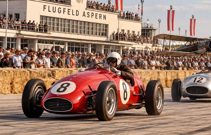 Bildunterschrift: Der ehemalige Flughafen Aspern war auch ein Schauplatz des österreichischen Motorsports. Historisch inspirierte KI-Illustration, keine Originalaufnahme. Bildbeschreibung: Redaktionelle Visualisierung zur Geschichte des Flughafens Aspern in Wien. Das Bild veranschaulicht die frühere Nutzung des Flugplatzgeländes als Austragungsort von Motorsportveranstaltungen.