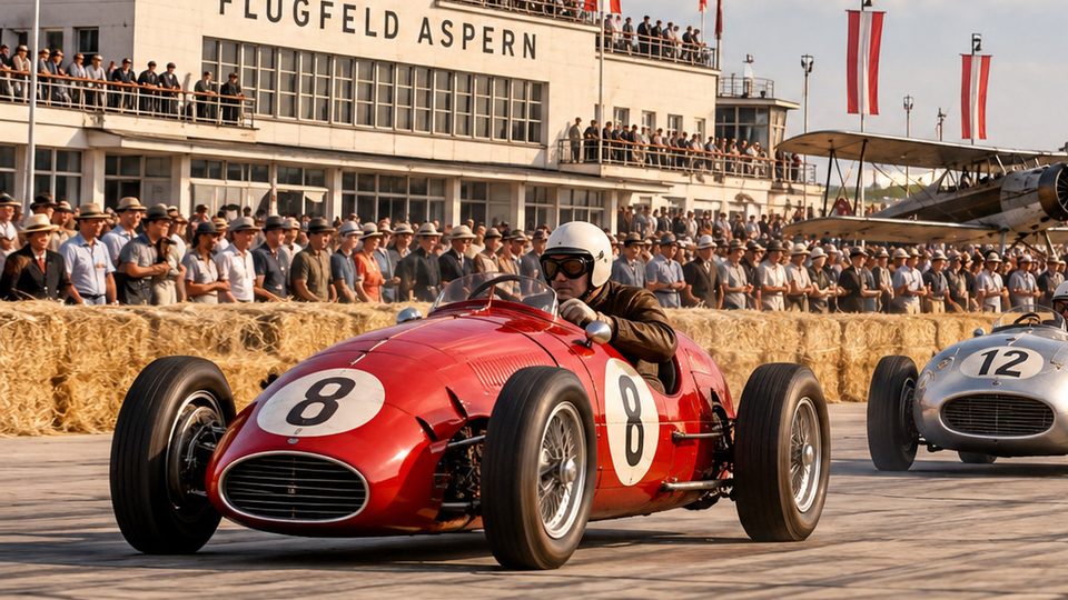 Bildunterschrift: Der ehemalige Flughafen Aspern war auch ein Schauplatz des österreichischen Motorsports. Historisch inspirierte KI-Illustration, keine Originalaufnahme. Bildbeschreibung: Redaktionelle Visualisierung zur Geschichte des Flughafens Aspern in Wien. Das Bild veranschaulicht die frühere Nutzung des Flugplatzgeländes als Austragungsort von Motorsportveranstaltungen.
