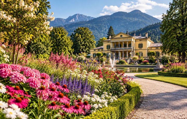 KI-generiertes redaktionelles Symbolbild mit blühenden Gartenanlagen, klassischer Villa und Salzkammergut-Berglandschaft
