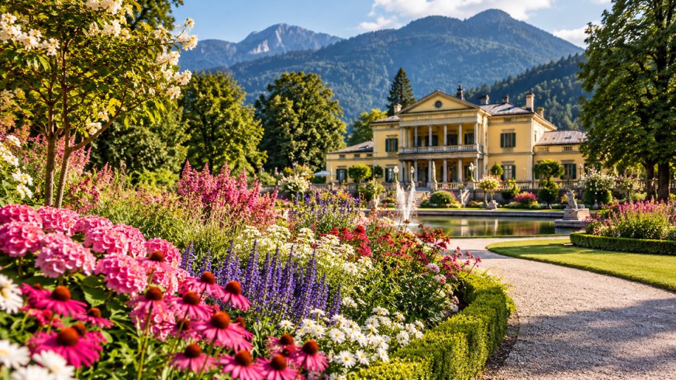 KI-generiertes redaktionelles Symbolbild mit blühenden Gartenanlagen, klassischer Villa und Salzkammergut-Berglandschaft