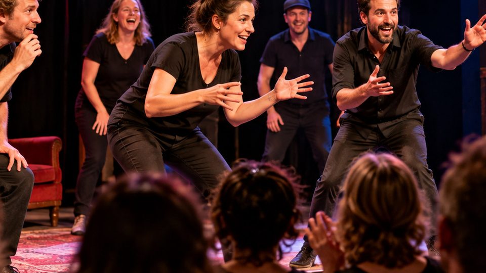 Bildbeschreibung: Redaktionelle Visualisierung zum historischen MOMENT!-Festival 2011 im TAG und Theater Drachengasse in Wien. Das Motiv zeigt das spontane Zusammenspiel eines Theaterensembles vor Publikum. Wichtiger Bildhinweis: Das Bild wurde mit künstlicher Intelligenz erstellt. Es zeigt keine Originalaufnahme des Festivals 2011, keine tatsächlichen Aufführungen und keine nachweislich beteiligten Künstlerinnen oder Künstler.