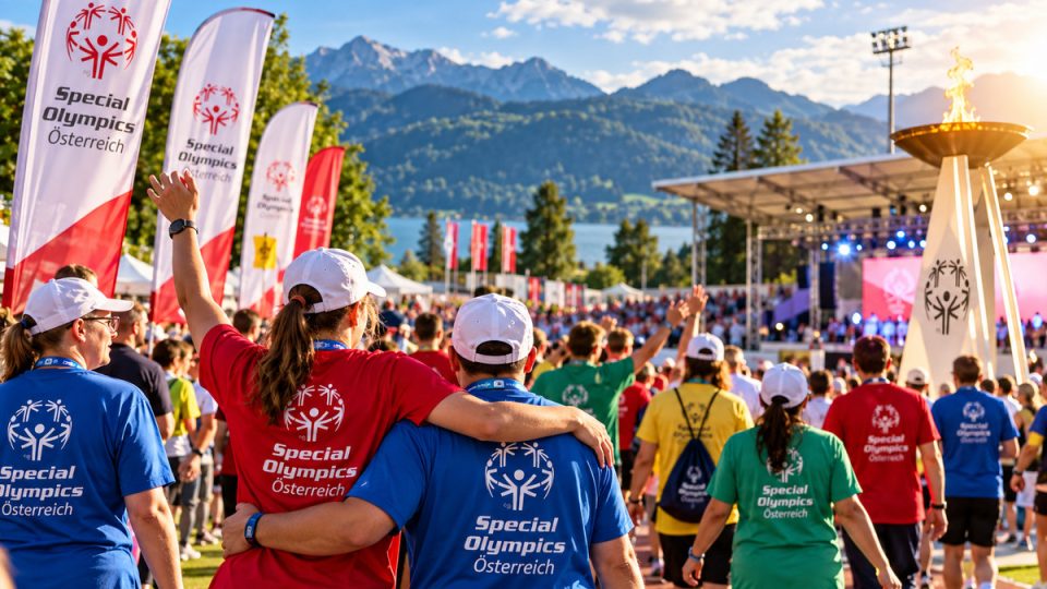 Bildunterschrift: „Brücken bauen“ – KI-generierte Symbolillustration zu den 7. Nationalen Special Olympics Sommerspielen 2018 in Vöcklabruck. Wichtiger Bildhinweis: Das Bild wurde mit künstlicher Intelligenz erstellt. Es handelt sich nicht um eine Originalaufnahme der Veranstaltung von 2018. Personen, Kulisse, Logos und Zeremonie sind illustrativ generiert und dokumentieren keine tatsächliche Szene.